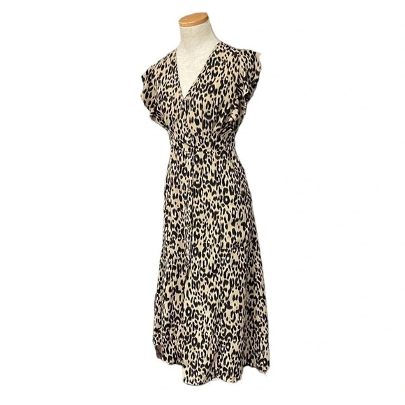 Sienna Sky Leopard Print Midi Dress Fit & Flare V-Neck Brown Size Small S - Picture 3 of 17